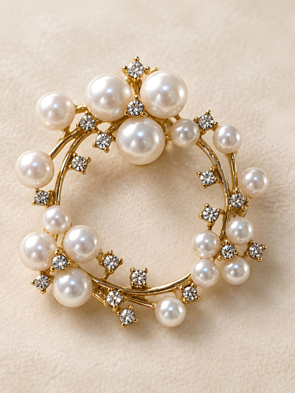 Gold Pearl & Crystal Wreath Brooch - Ivory Pearls